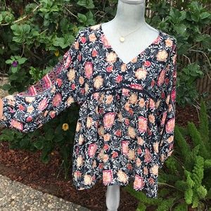 Floral boho Knox Rose reds browns coral navy blue tunic, India floral sz large
